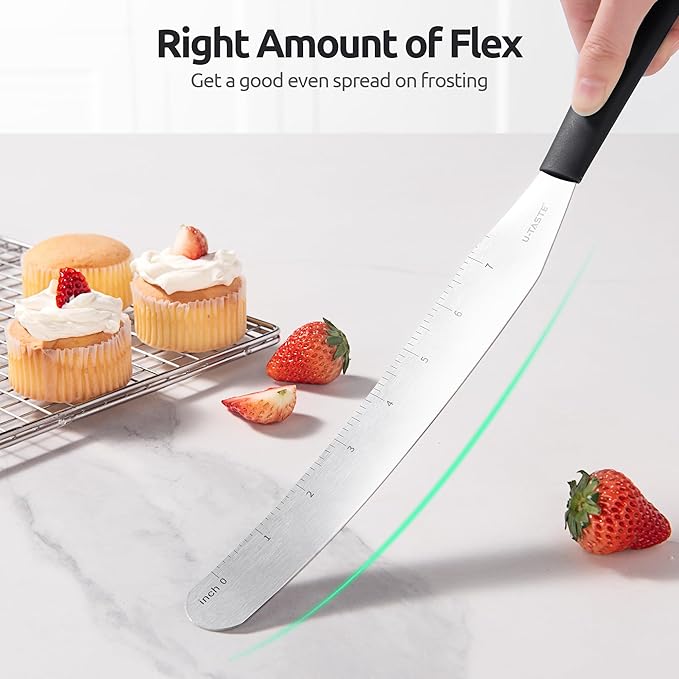 U-Taste Cake Icing Spatulas Set: Straight Decorating Frosting Knife with 6", 8", 10" Thinner Stainless Steel Blade, Flexible Smoothing Spreading Tools with Comfortable PP Handle for Cream (Black)