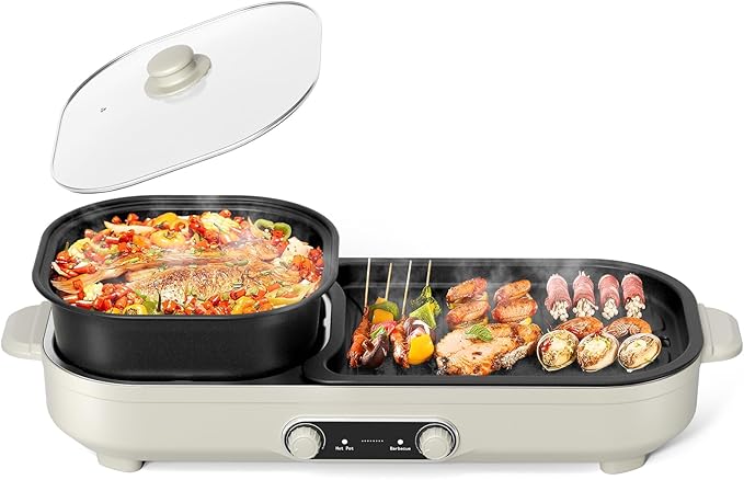 Electric Hot Pot with Grill, 2 In 1 Indoor Non-Stick Barbecue Shabu Hot Pot with Dual Temperature Control, Detachable Hotpot and Baking Tray, Smokeless Shabu Korean BBQ Grill