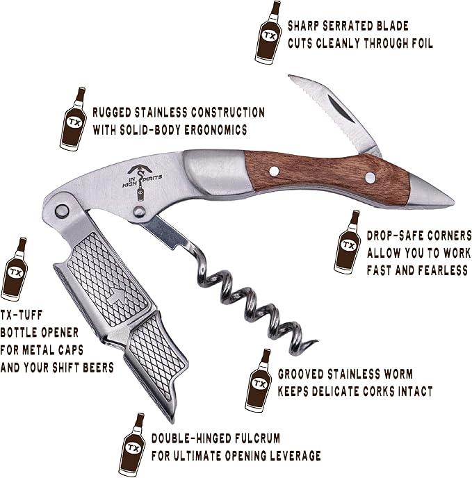 Corkscrew and Wine Key - Bottle Opener for Servers and Bartenders - Rosewood and Stainless Steel - Double Hinged - Waiters Wine Opener