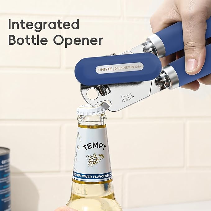 Can Opener Manual, UHIYEE Hand Held Manual Can Openers Heavy Duty with Smoother Cut Sharp Blade, Manual Hand Can Open with Soft Handle, Easy to Turn Knob, Magnetic Lid Lifter, Blue