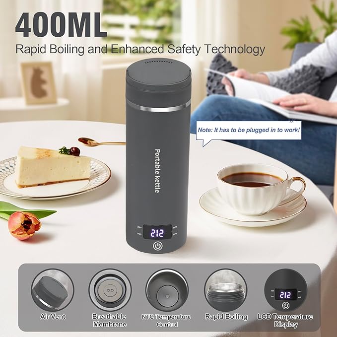 Travel Electric Kettle Portable Mini Kettle,Small Hot Water Boiler with 4 Temperature Settings,304 Stainless Steel,Fast Boiling Water with Auto Shut-Off and Boil Dry Protection,400ml (Grey, 400ml)