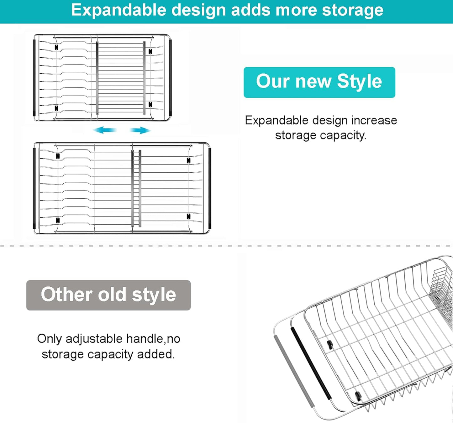 iPEGTOP Capacity Expandable Over Sink Dish Drying Rack, Multifunctional Adjustable (14"-18.5") Rustproof Stainless Steel Dish Drainer Organizer Shelf with Utensil Holder for Kitchen Counter Sink