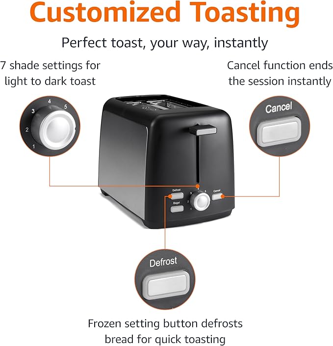 Amazon Basics 2 Slice Toaster, With 7 Browning Settings, Extra Wide Slots For Bagels and Special Breads, Removable Easy-to-Clean Crumb Trays, Cancel/Defrost/Bagel Buttons, 800W, Black & Silver