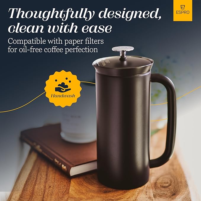 ESPRO P7 French Press Coffee Maker - Double-Walled Stainless Steel Insulated with Micro-Filter, 18 Ounces, Matte Black