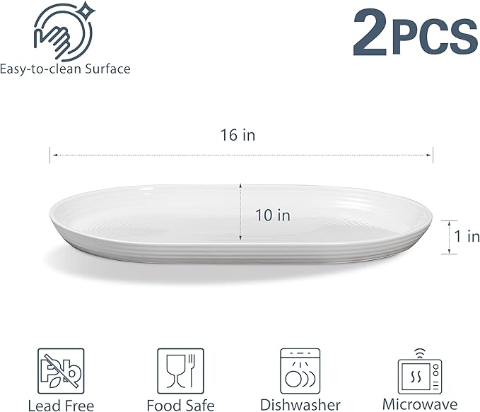 ONEMORE 16 Inch Ceramic Serving Plates for Entertaining, Set of 2 Large Oval Dinner Plates- Dishwasher Oven Safe Serving Tray for Food Meat Fish Parties- Porcelain Thanksgiving Turkey Platters - White