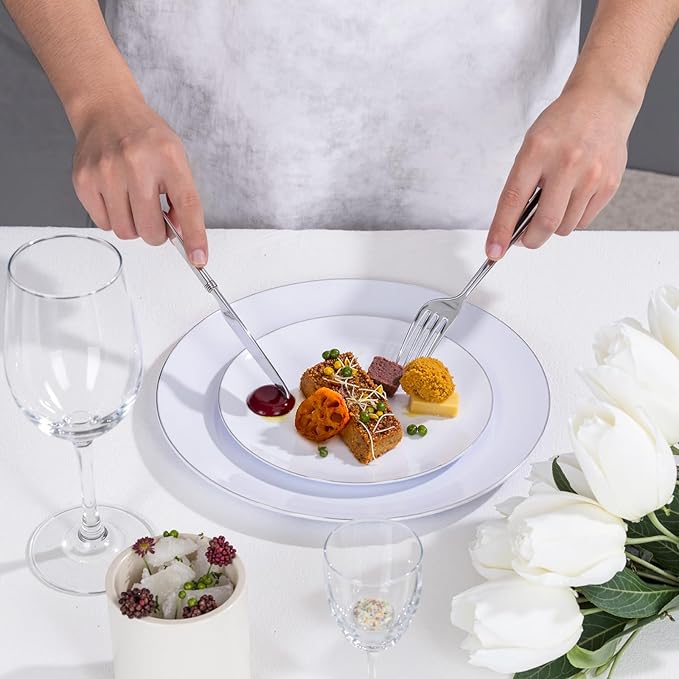 KIRE 200PCS Silver Plastic Plates - White Plastic Plates with Silver Rim Include 100 Dinner Plate and 100 for Dessert/Salad Plate for Birthday/Wedding/Party