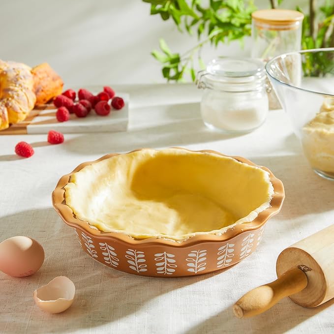 Sweese Porcelain Deep Fluted Pie Dish for Baking - 9 inch Porcelain Pie Plate for Apple, Quiche, Pot Pies, Tart - Leaf - Brown