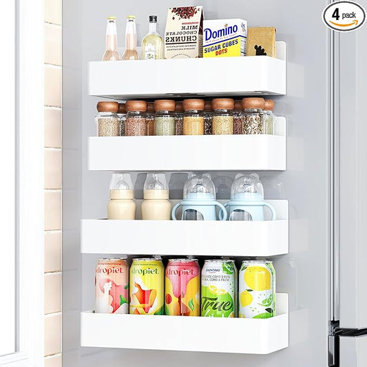 Magnetic Spice Rack for Refrigerator, Kitchen Organizer and Storage Shelf, White (4 Pack)…