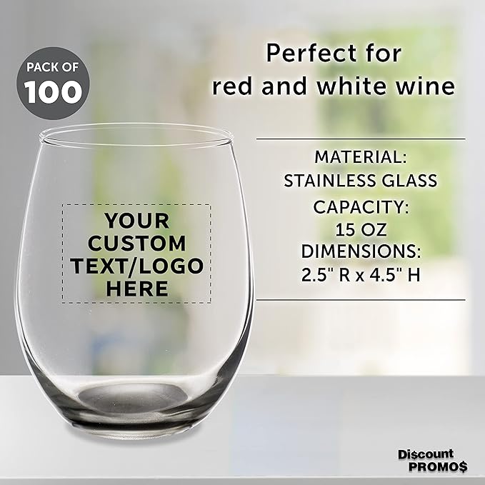 Custom Stemless Wine Glasses in Bulk by ARC Perfection, 15 oz, 100 pack, Personalized Text, Logo, Red or White Wine Glass Set, Black