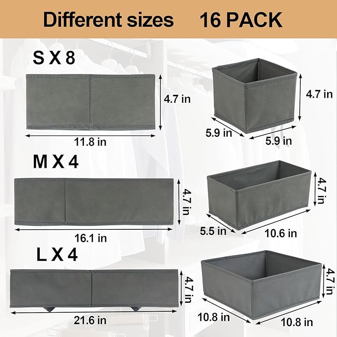 16 Pcs Drawer Organizer,Fabric Closet Organizer and Storage Baskets,Foldable Drawer Divider for Clothing,Sock,Ties,Underwear Drawer Organizers,Cabinet Storage Boxes (Gray)