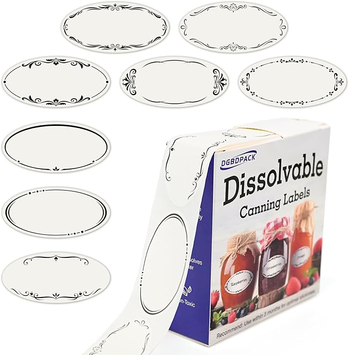 400 Dissolvable Canning Labels for Mason Jars, Small Pantry Labels 1 x 2⅛ inch, Water-Soluble Stickers-8 Designs