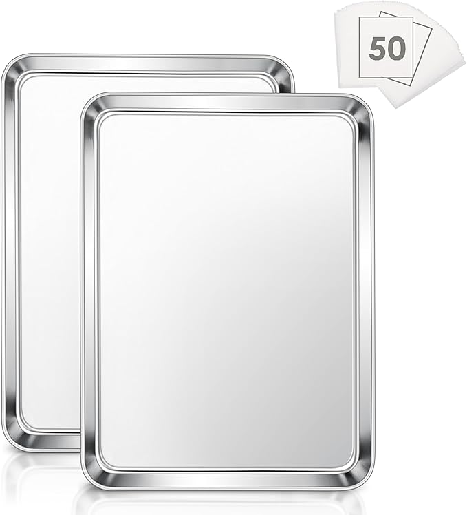 E-far Baking Cookie Sheet Set of 2, 16”x12” Stainless Steel Baking Sheet Pan with 50 Parchment Paper, Rectangle Baking Tray for Cooking Roasting, Rust Free & Heavy Duty, Oven & Dishwasher Safe