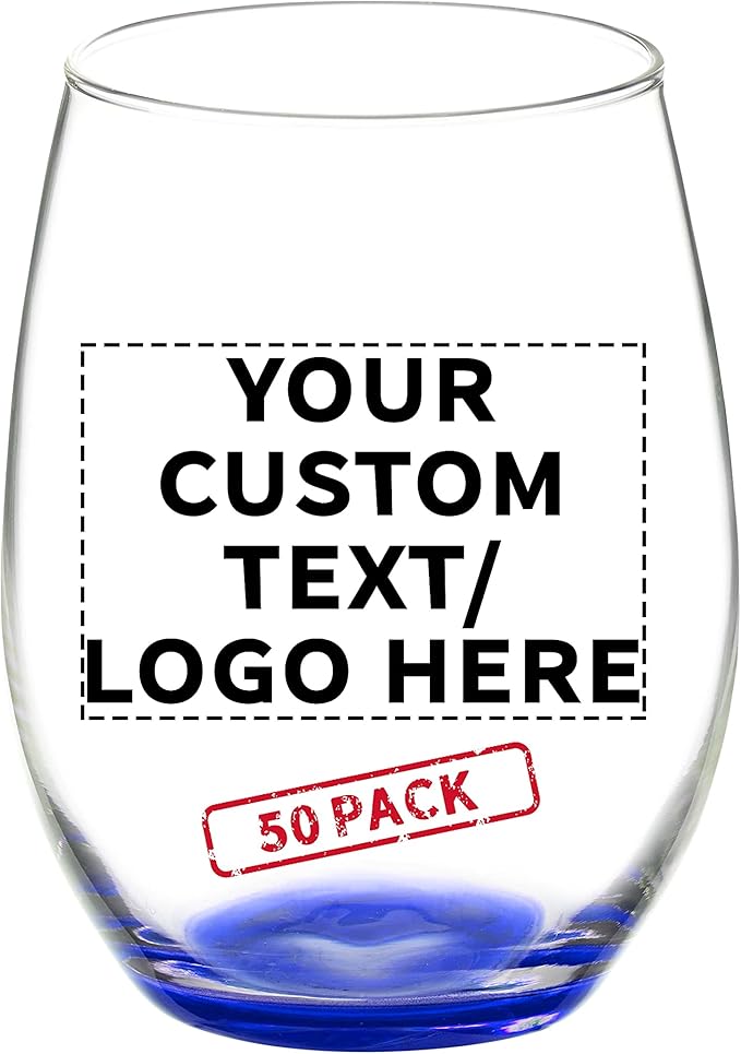 DISCOUNT PROMOS 50 ARC Stemless Wine Glasses Set, 21 oz. - Customizable Text, Logo - Chardonnay, Cabernet, Merlot, Sauvignon - Blue