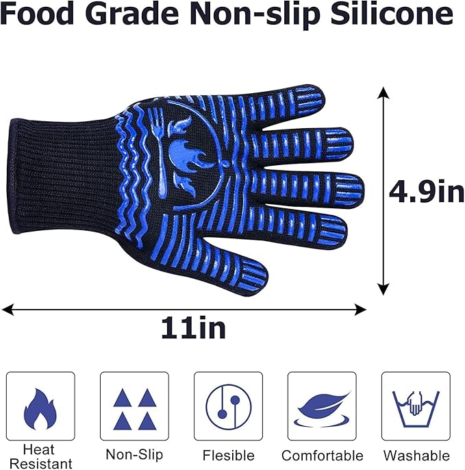 BBQ Gloves, 1472°F Extreme Heat Resistant Grill Gloves, Non-Slip Food Grade Silicone Oven Mitts for Kitchen, Cooking, Barbecue, Baking, Smoker (11inch)