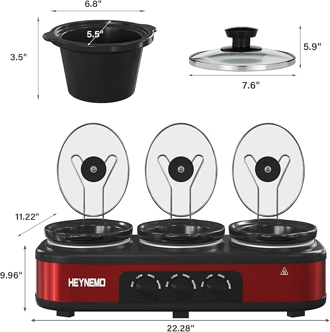 Triple Slow Cooker, 3 X 1.5QT Slow Cooker with 3 Cooking Settings, Buffet Servers and Warmers with Dishwasher-Safe Ceramic Pot, Glass Lid, Red