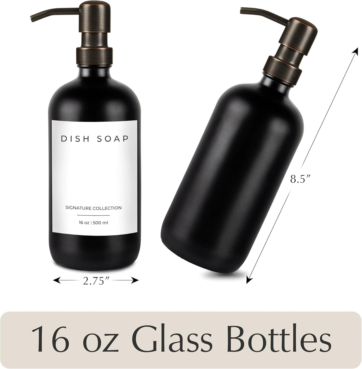 Emerson Soap Dispenser, Dish Soap Dispenser for Kitchen, Bathroom Set - Kitchen Soap Set, Glass Dispenser with Pump and Labels | 16 Oz, 2 Pack