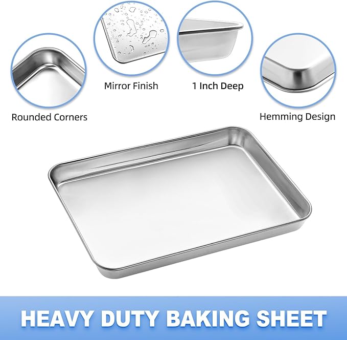 Baking Sheet with Wire Rack, Cookie Sheet Baking Pan Toaster Oven Tray with Cooling Rack, Stainless Steel Eighth Sheet Pan with Rack 9' x 7' x 1', Healthy & Non Stick & Dishwasher Safe
