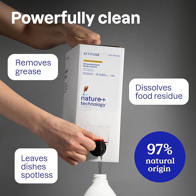 ATTITUDE Dish Soap Refill, EWG Verified, Plant-Based & Vegan Dishwashing Liquid, Naturally Derived, Green Apple & Basil Scent, 135.3 Fl Oz