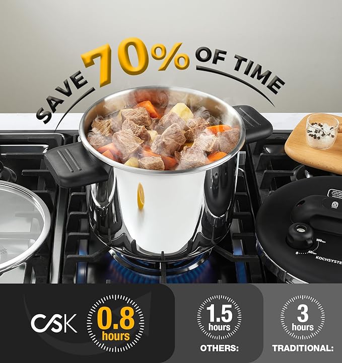KOCH SYSTEME CS Pressure Cooker Stainless Steel, 6.3 QT Olla de Presion, Easy One-Press Lock, 3 PSI Settings Pressure Cooker, Save 70% Time, Gas & Induction Compatible, Glass Lid & Steamer Rack