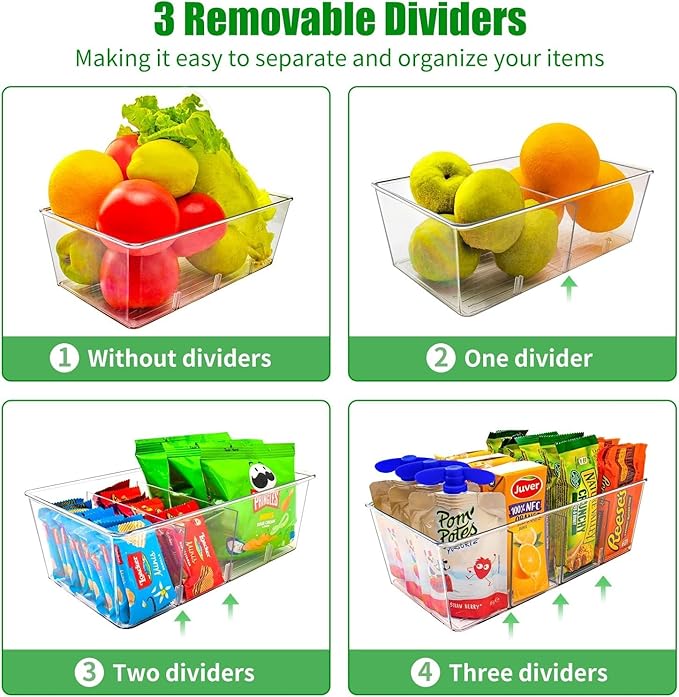 4 Pcs Clear Pantry Organizers and Storage,Plastic Storage Bins for Fridge with Removable Dividers, Kitchen Cabinet Organizers Ideal for Kitchen, Pantry, Refrigerator, Freezer, and Snack Storage