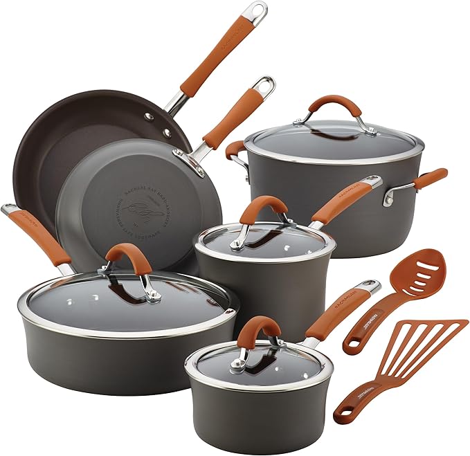 Rachael Ray Cucina Dishwasher Safe Hard Anodized Nonstick Cookware Pots and Pans Set, 12 Piece, Gray with Orange Handles