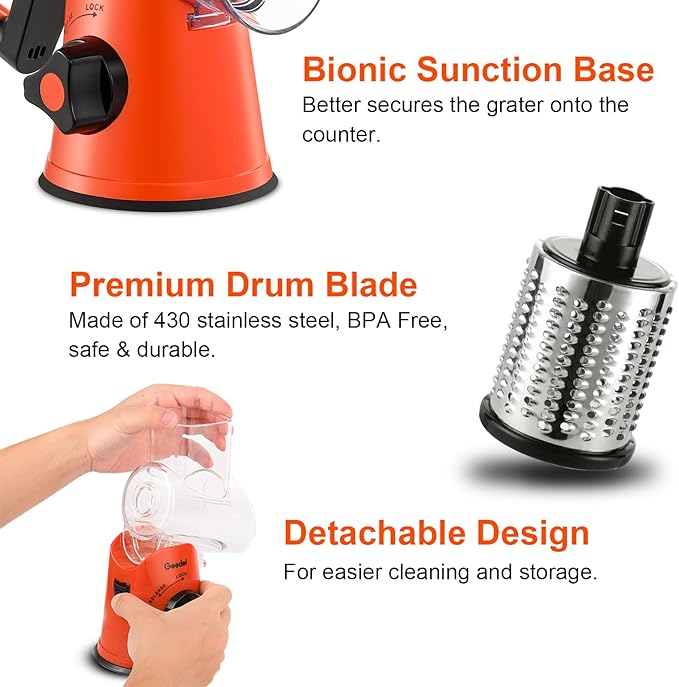 Geedel Rotary Cheese Grater, Kitchen Mandoline Vegetable Slicer with 3 Interchangeable Blades, Easy to Clean Rotary Grater Slicer for Fruit, Vegetables, Nuts