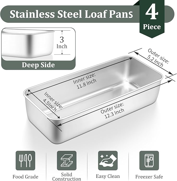 TeamFar Loaf Pan, 12 x 5 Inch Stainless Steel Loaf Pans for Baking Bread, 4 Pack Large Bread Loaf Baking Pan for Homemade Bread, Meatloaf, Cake, Brownies, Non-Toxic, Heavy-duty, Oven & Dishwasher Safe