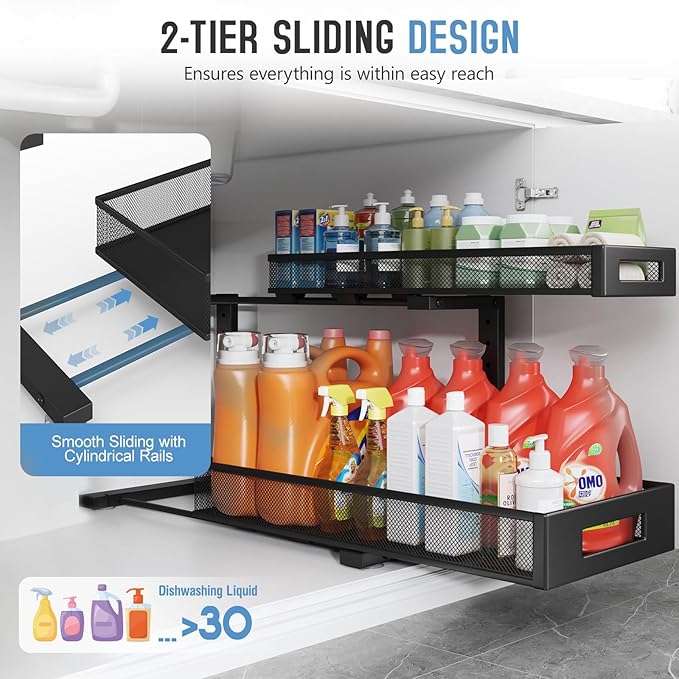 2 Pack 20.47IN Depth Under Sink Storage Organizer, Large 2-Tier Elegant Mesh Pull Out Shelf for Kitchen and Bathroom Cabinet Organization, L-Shaped and Adjustable Height Design-Black