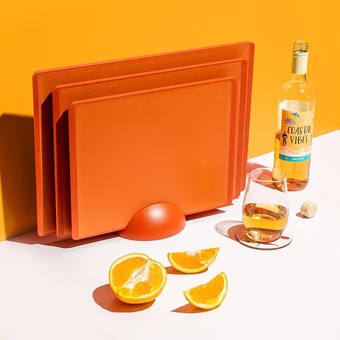 SMIRLY Plastic Cutting Board Set 3 Pieces, Non-Slip Dishwasher Safe Chopping Boards for Kitchen, Orange