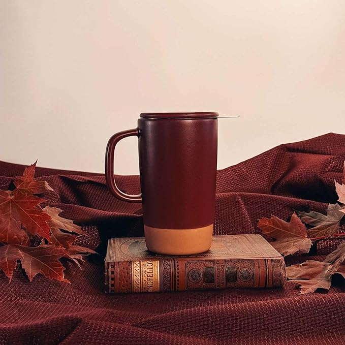 Mora Ceramics Large Tea Mug with Loose Leaf Infuser and Ceramic Lid, 18 oz, Portable, Microwave and Dishwasher Safe, Tall Coffee Cup - Rustic Matte Ceramic Glaze, Modern Herbal Tea Strainer, Merlot