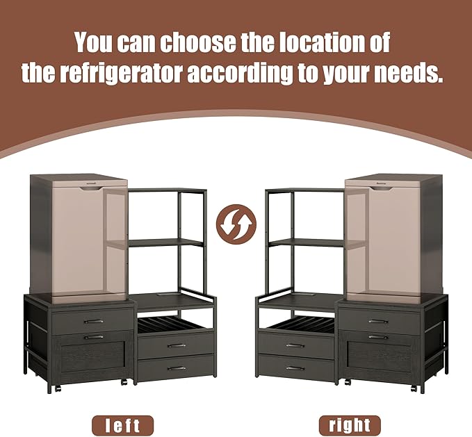 Mini Fridge Stand with Wine Rack, Kitchen Bakers Rack with Power Outlet, Microwave Oven Stand, Coffee Bar, Movable Drawers, for Dorm,Office, Black HB04BXB