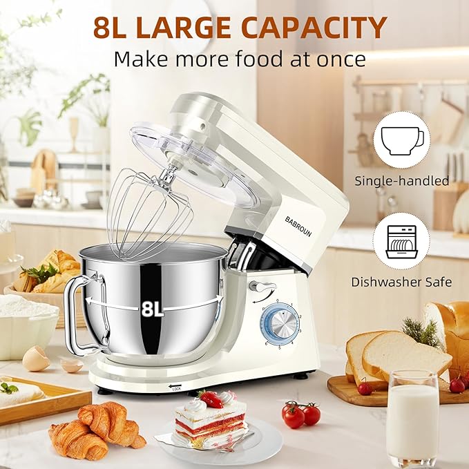 8.45 QT Stand Mixer - 660W 6 Speed Large Capacity Kitchen Electric Mixer with Whisk Dough Hook Mixing Beater Household Food Mixer for Baking Cakes Cookie Bread Salad (White)