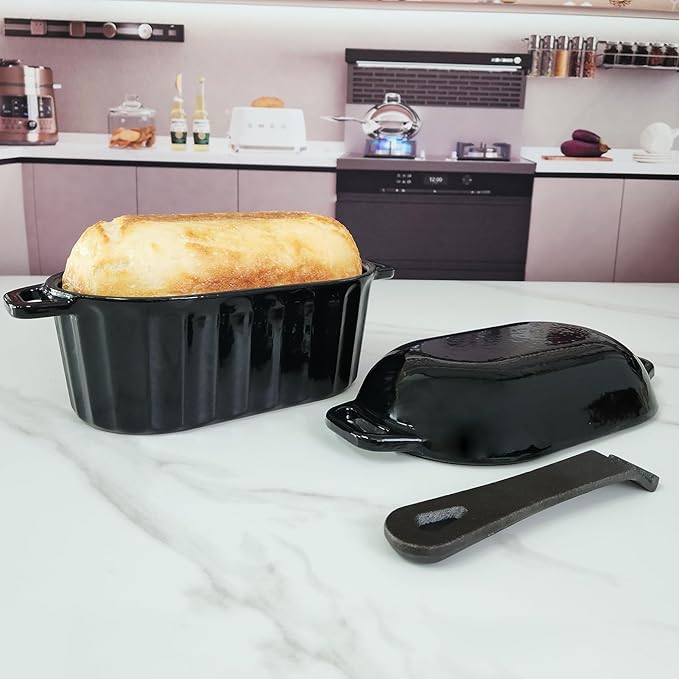 Dutch Oven Enameled Cast Iron Bread Pan with Lid Sourdough Loaf Pans for Baking Bread Large Heavy Oval Bread Dutch Oven with Movable Handle 4 Qt Black Dishwasher Safe