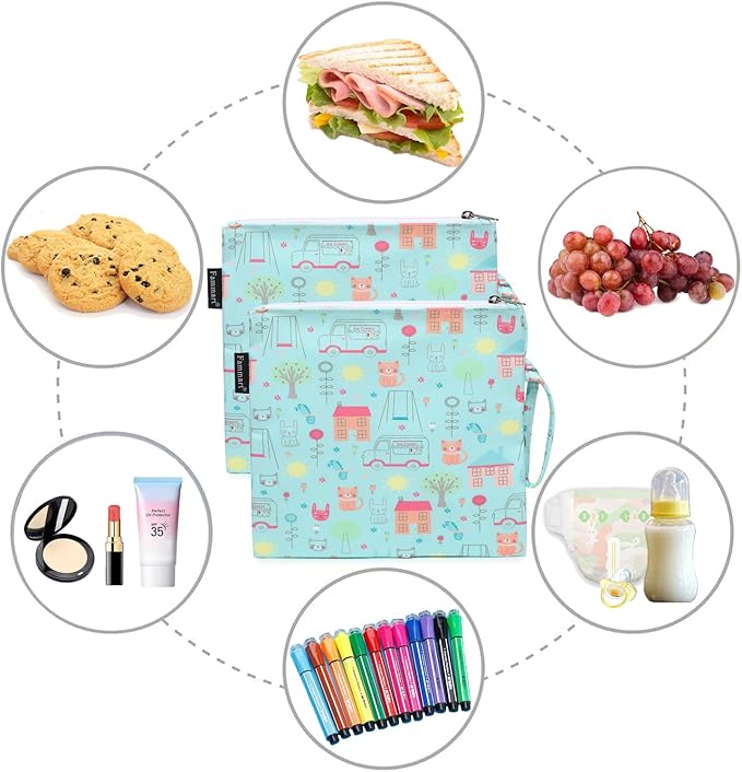 Reusable Sandwich Bag/Snack Bag for Kids & Adults, Dual Layer Lunch Bag with Handle, Washable, Food Safe, BPA Free (2-Pack, Colorful Cat)