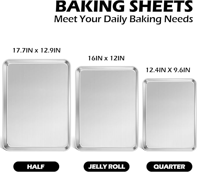 3Pack Cookies Sheets for Baking, Leonyo Stainless Steel Baking Sheets Pans, 1Inch Deep Metal Quarter Sheet Pan Tray for Cookies, Dishwasher Safe