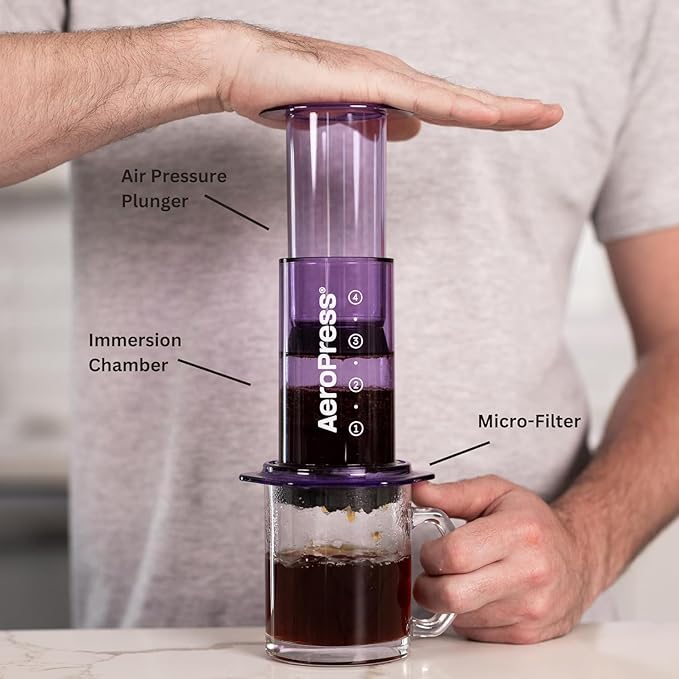 AeroPress Clear Purple Coffee Press – 3 In 1 Brew Method Combines French Press, Espresso, Full Bodied Coffee Without Grit or Bitterness, Small Portable Coffee Maker for Camping & Travel, Purple