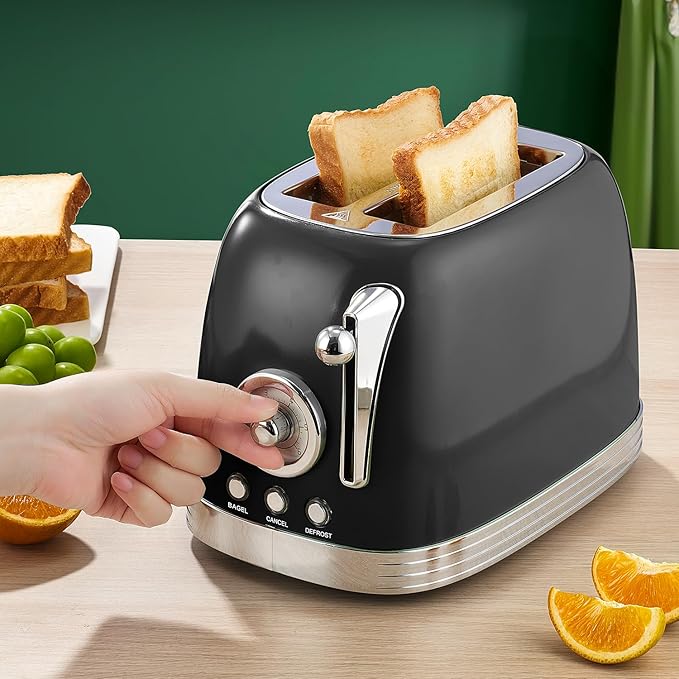 Glossy Black Cute Retro Toaster 2 Slice with 1.58" Wide Slots, Bread toaster with Cover and Warm Rack, Stainless Steel Toaster with Removable Crumb Tray, Preheat, Defrost, Cancel Function