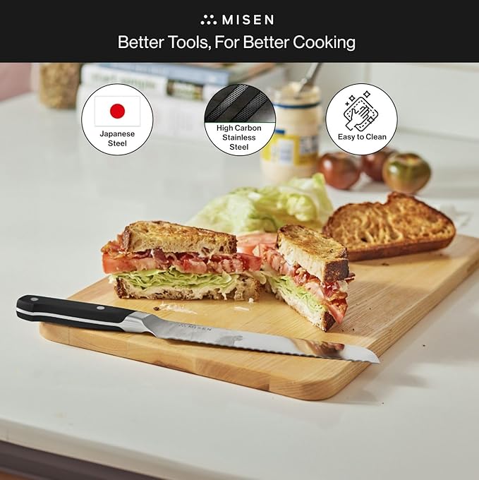 Misen Serrated Bread Knife – High-Carbon Japanese AUS8 Steel – Effortless Slicing of Bread, Pastries, and Fruits – Razor-Sharp Edge and Durable Blade with Ergonomic Handle - 8", Black