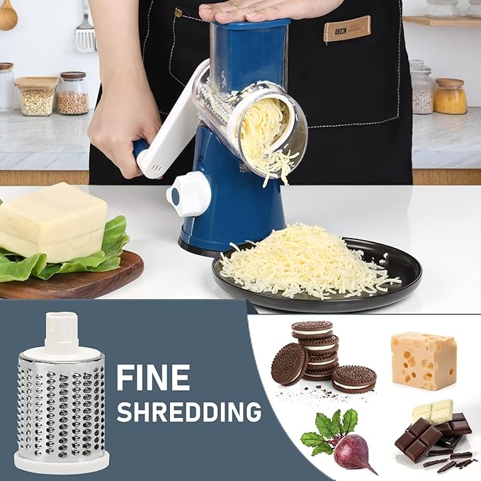 KEOUKE Rotary Cheese Grater with Handle - 3 Changeable Blades for Cheese, Vegetables, Nuts - Blue