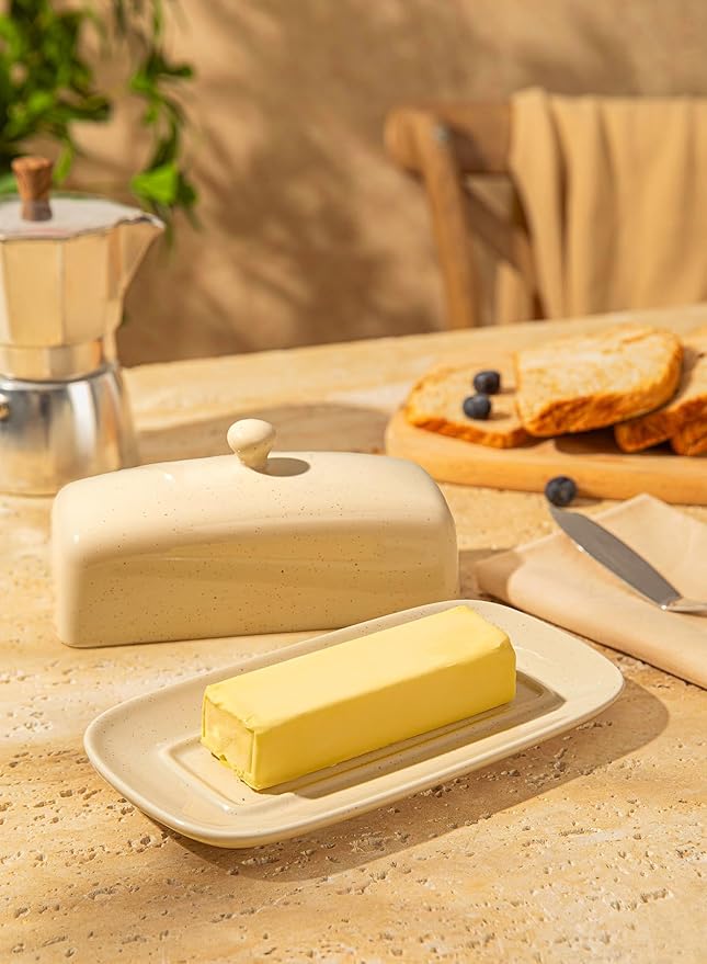 Sweese Butter Dish with Lid, Porcelain Butter Keeper, 7.8 Inch Butter Holder with Handle Cover, Butter Container Perfect for East West Coast Butter, Beige