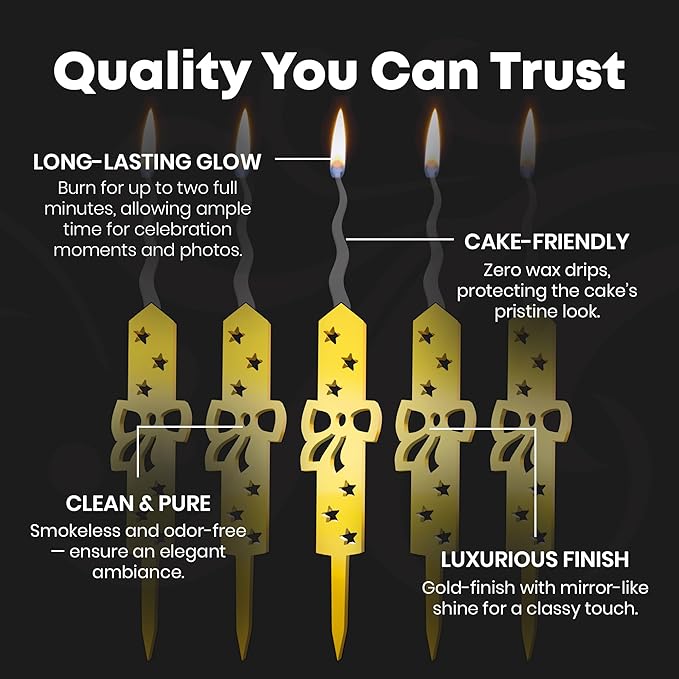 Set of 5 Reusable Gold Romantic Cake Candle - Luxury Cake Topper Candle for Birthdays, Weddings & Anniversaries - Reusable Food Safe Acrylic, Shiny Mirror Finish - Happy Birthday Cake Topper Decor