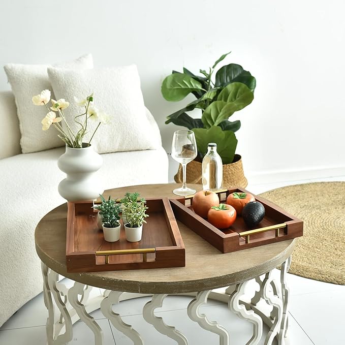 Set of 2 Acacia Wood Serving Trays with Gold Metal Handles for Food Serving, Appetizers & Snacks - Ideal for Bed, TV, Ottoman or Coffee Table Décor, Home Decoration Accessory 15.75x11.8 Inch