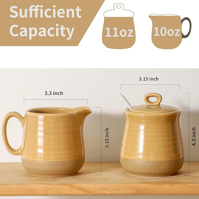 Hasense Sugar and Creamer Set, 11 Ounce Sugar Bowl with Lid and Spoon, 10 Ounce Creamer Container, Ceramic Cream and Sugar set for Coffee Bar, Dishwasher Safe, Yellow