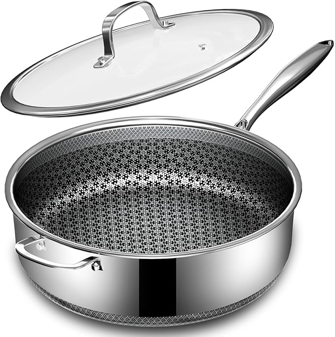 5 Qt Saute Pan with Lid, 5 Ply Stainless Steel Pan with Lid, Non Stick Frying Pans, Cooking Pot Deep Frying Pan Non-Toxic, For Induction, Oven, Dishwasher Safe
