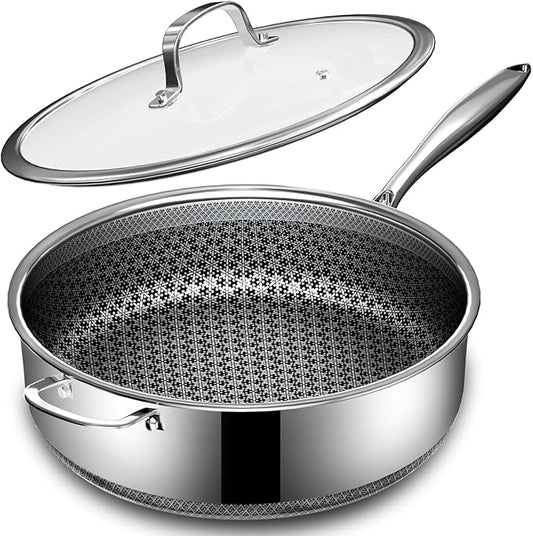 5 Qt Saute Pan with Lid, 5 Ply Stainless Steel Pan with Lid, Non Stick Frying Pans, Cooking Pot Deep Frying Pan Non-Toxic, For Induction, Oven, Dishwasher Safe