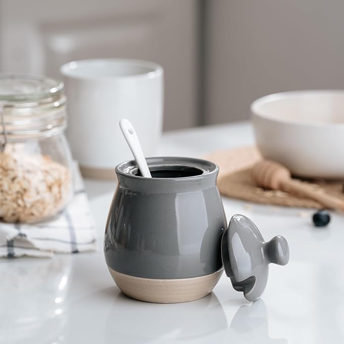 famiware Milkyway Sugar Bowl with Lid and Spoon, 10oz Ceramic Sugar Jar/Pot/Dispenser for Salt, Condiments, Spice, Seasonings, Sugar Container for Coffee Bar, Home, Kitchen, and Countertop, Dark Gray
