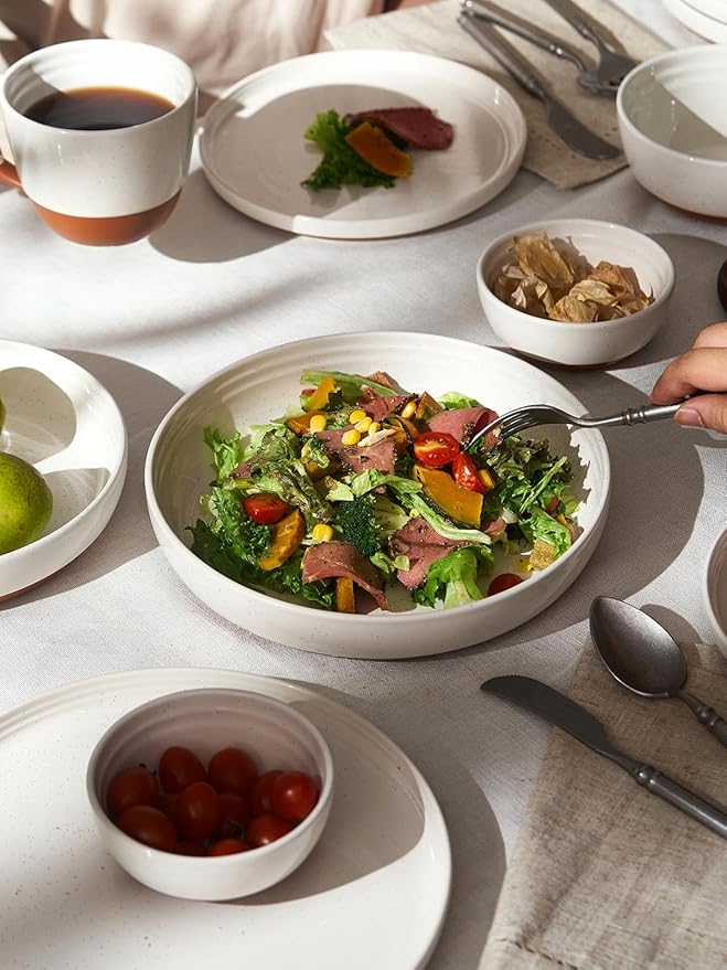 DOWAN 9.6" Ceramic Pasta Bowls Set of 4, Large Shallow White Dinner Bowls with Sesame Glaze Finish, Wide Bowl Plates for Pasta, Salad, Soup & Stew, Microwave & Dishwasher Safe, Housewarming Gift