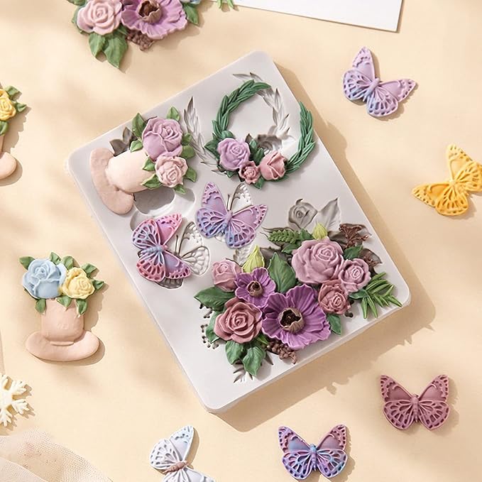 Rose Fondant Molds, Flower Pot Bouquet Butterfly Chocolate Cake Decorating Silicone Molds for Cupcake Topper, Candy, Sugar Craft, Floral Paste, Mousse, Gum Paste, Epoxy Resin, Polymer Clay, Home Decor