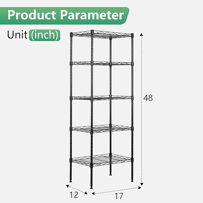 FDW 17L x 12W x 48H Wire Shelving 5 Tier Adjustable Metal Shelves NSF Pantry Shelves Storage Rack Shelving Units for Kitchen Garage Small Places Commercial,Black
