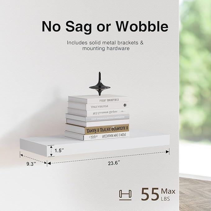 Colima Floating Shelves for Wall White Wood Wall Shelf for Bedroom, 24 Inch Wall Mounted Floating Shelves for Bathroom Living Room Kitchen Office, 1.3" Thick Floating Book Shelves for Wall, Set of 3